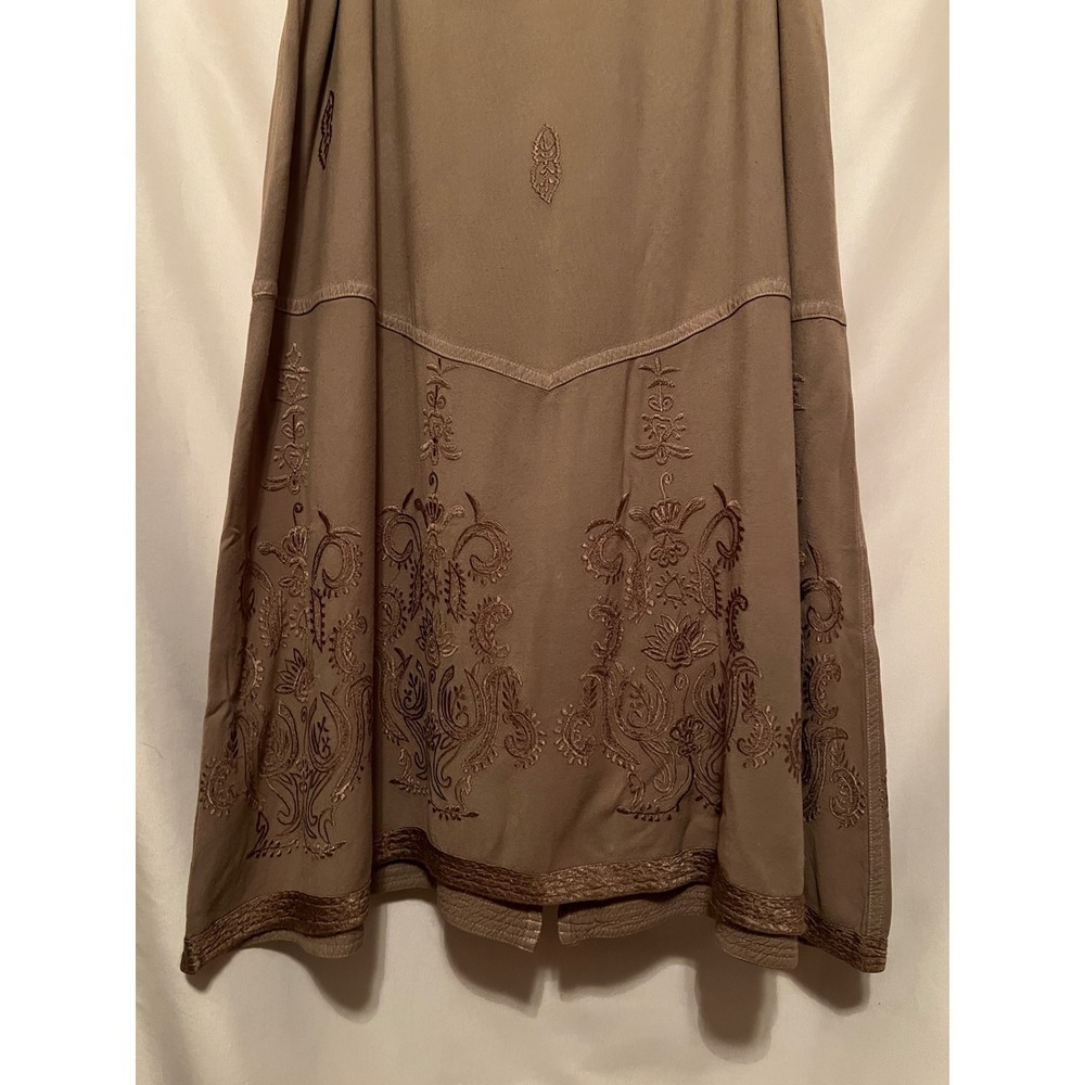 Soft Surroundings Greenish Tan Embroidered Maxi Skirt Side Button Petite Medium - Picture 4 of 7